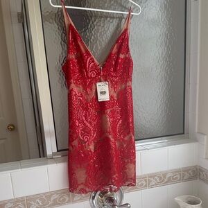 NWT Free People Red Sequin Embroidered Slip Dress
